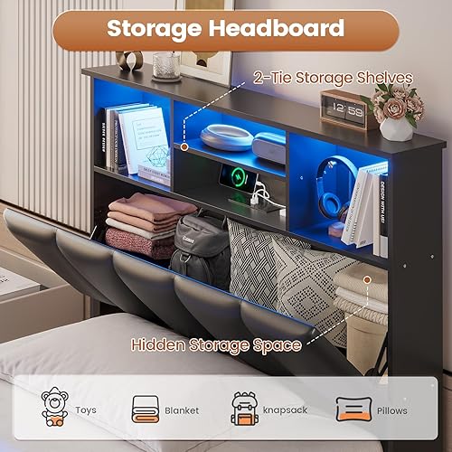 Miniatura 4 de AOGLLATI Base de cama individual con 4 cajones de almacenamiento, estación de carga y luces LED, marcos de cama individual con elegante cabecero de