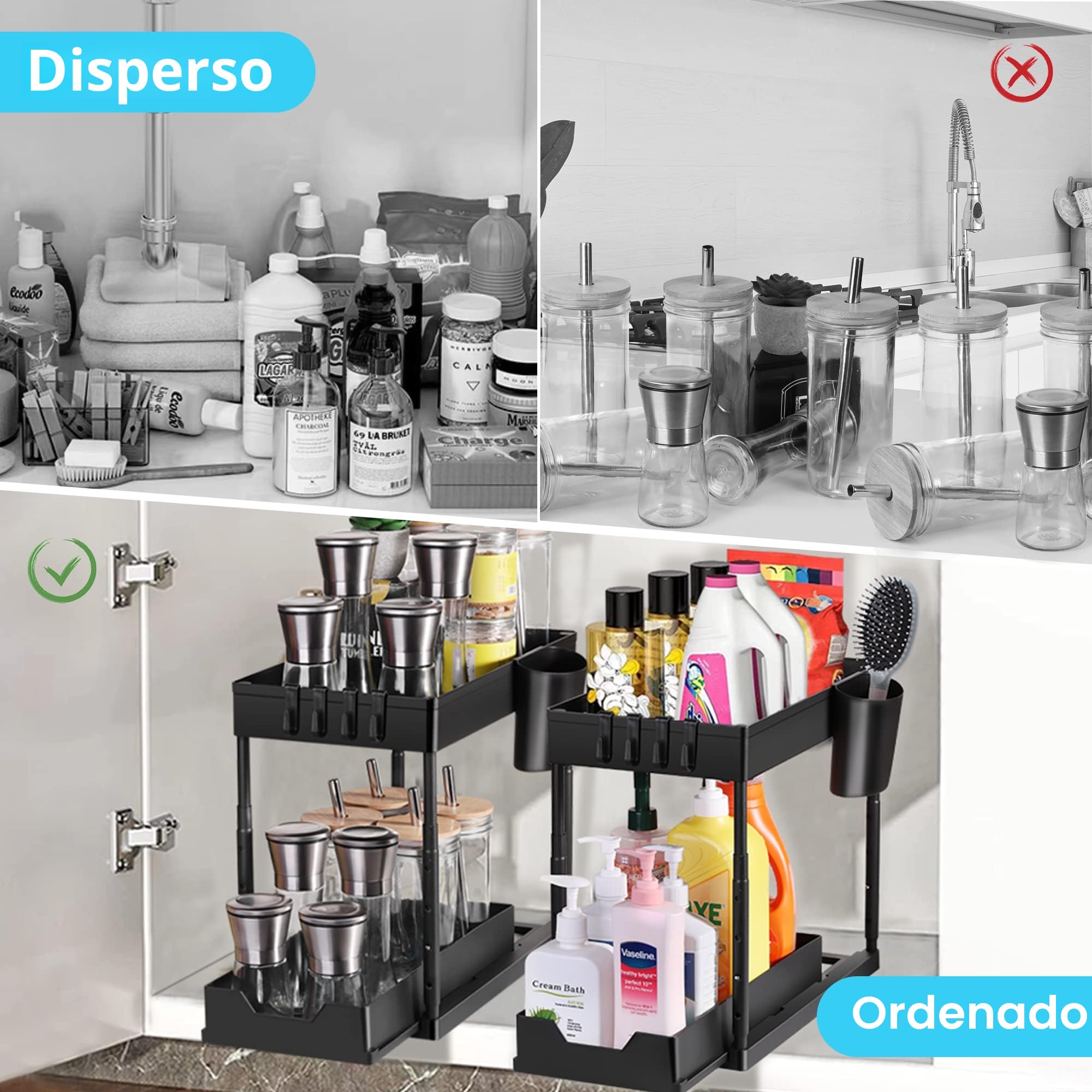 Eufrozy 2 Paquete Organizador Bajo Fregadero, Almacenaje Debajo Fregadero de 2 Niveles Regulable en Altura con 8 Ganchos 2 Tazas 1 Jabonera, Estante Bajo Fregadero Deslizante para Cocina Baño