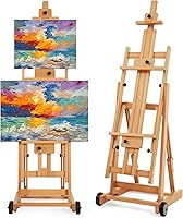 Vista 7 de VISWIN Caballete de estudio con marco en H, inclinado plano y ajustable, caballete de arte de madera de haya para pintar, caballete grande móvil