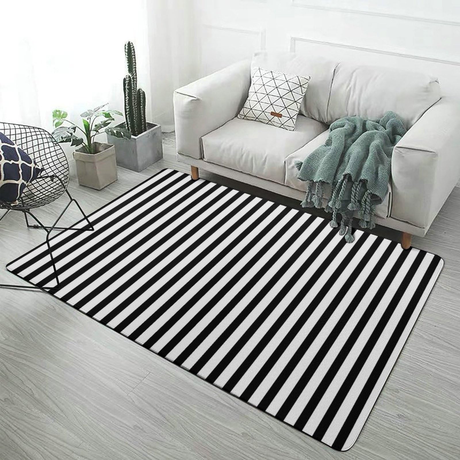 Teppich, schwarz-weiß gestreift, weiche Bodenmatte für Wohnzimmer, Schlafzimmer (100 x 150 cm)