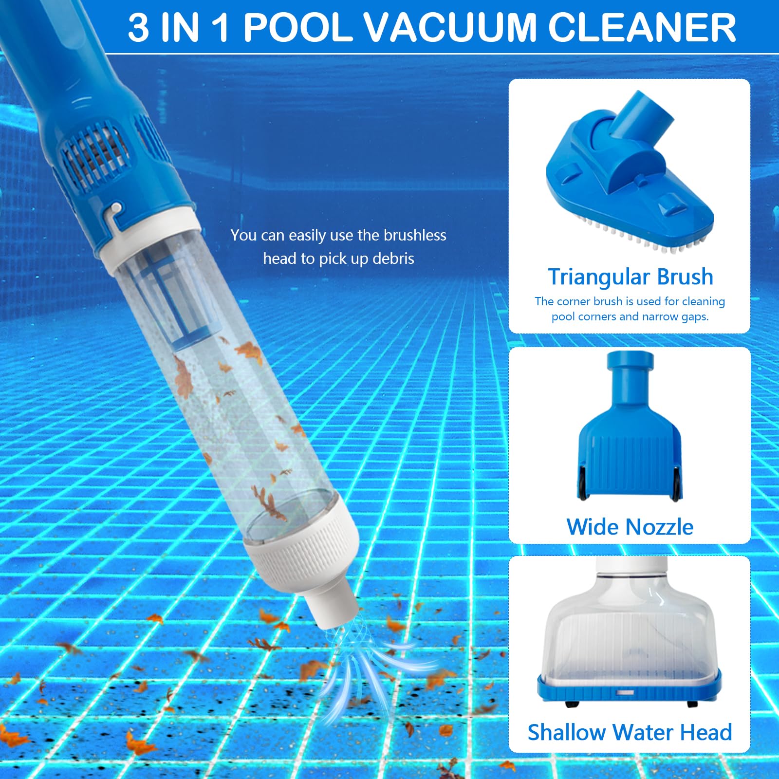 Aspirateur de Piscine sans Fil, 3 en 1 Rechargeable Aspirateur Manuels de Piscine Portable avec Manche Télescopique, Nettoyeur de Piscine Électrique pour Piscine, Spa, Jaccuzi