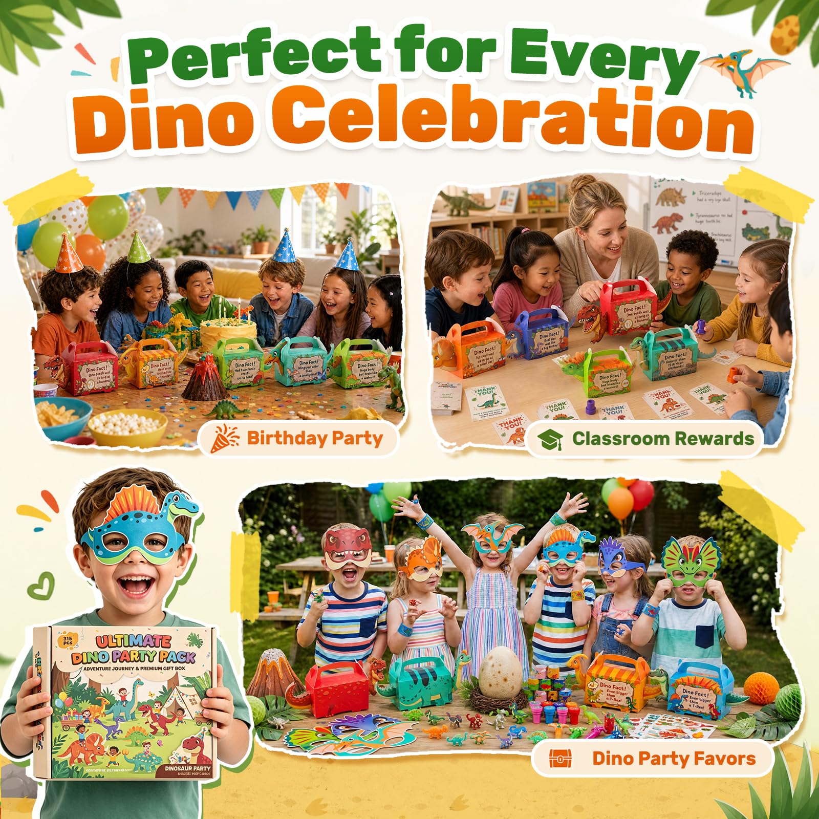 LovesTown 315PCS Dinosaur Party Favors for Kids Birthday, Dino Goodie Bag Fillers Stuffers, Birthday Party Supplies Gift Set for 12 Kids, Classroom Prizes Treasure Chest Toys