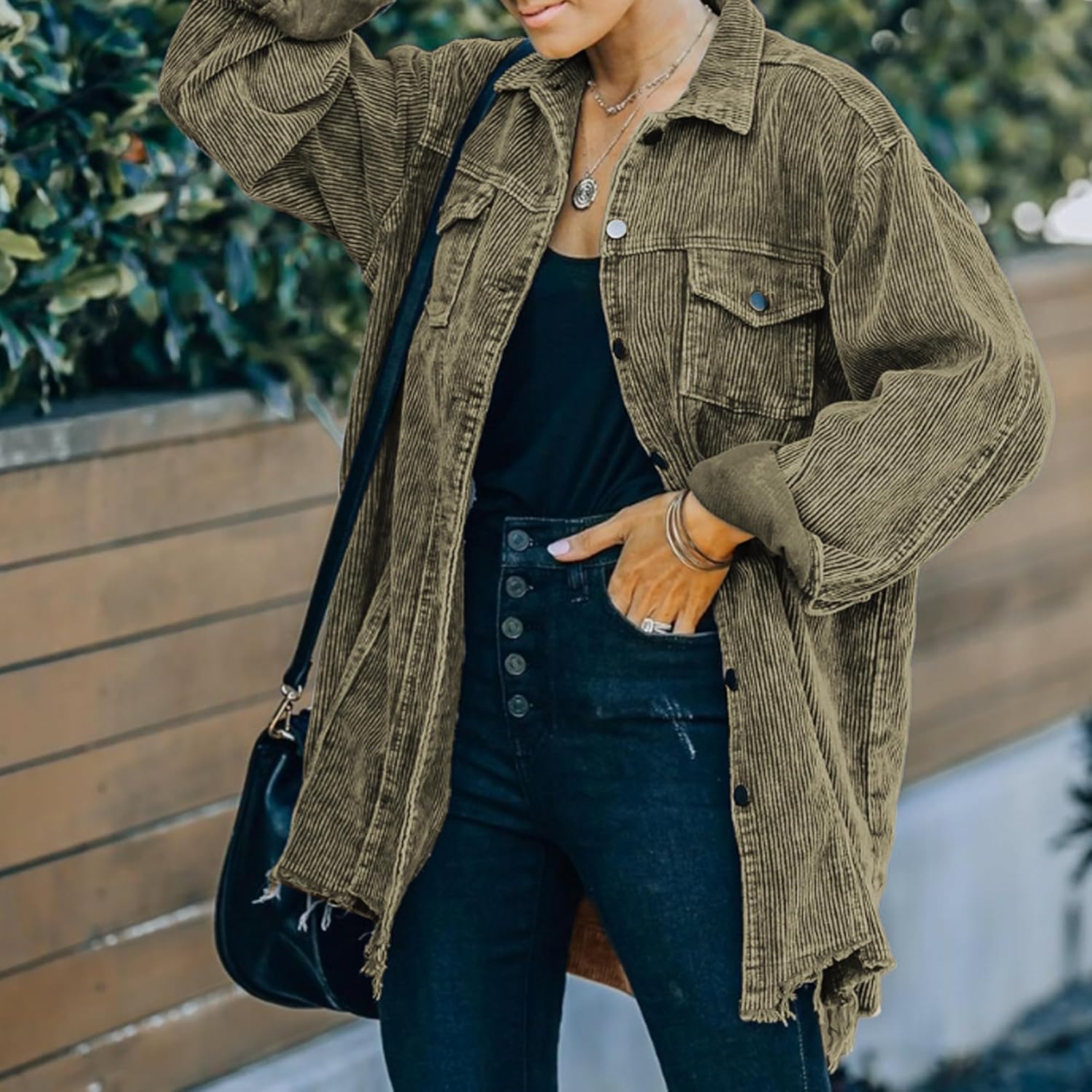 Hixiaohe Women's Casual Oversized Button Down Corduroy Shirt Jacket Coat Washed Retro Shacket - Image 3