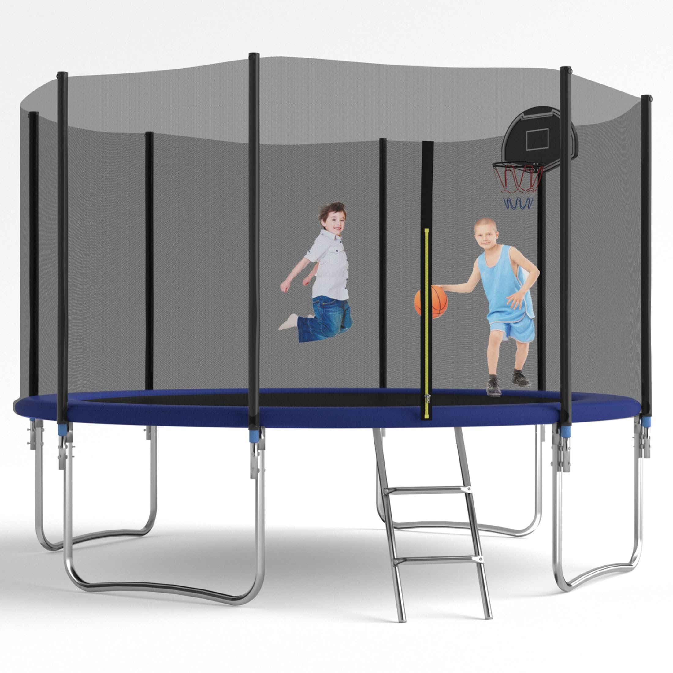 Zewnętrzna trampolina ogrodowa 305 cm i 366 cm, kompletny zestaw z siatką ochronną, drabinką oraz koszem do koszykówki do użytku w ogrodzie