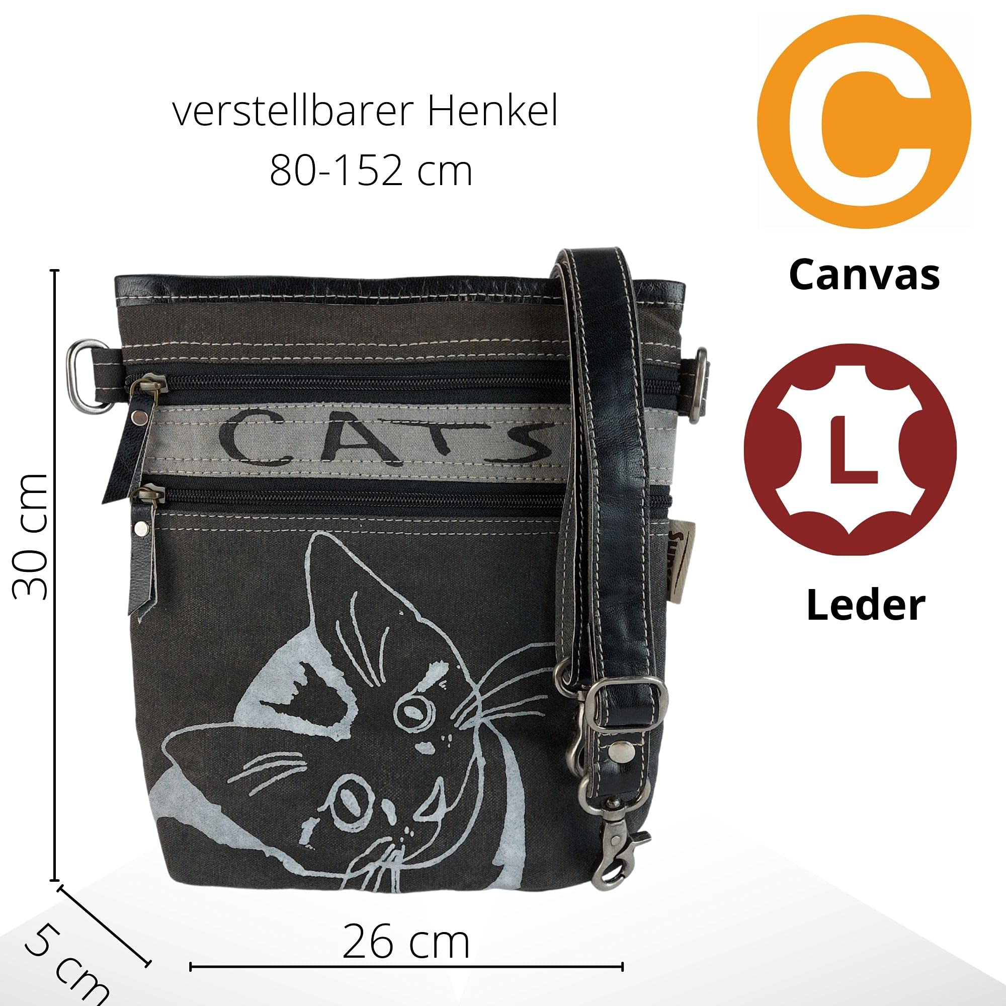 Sunsa Damen Tasche mit Katzenmotiv. Vintage Umhängetasche aus Canvas & Leder. Schultertasche für Katzenliebhaber. Crossover bag als Geschenkideen für Frauen