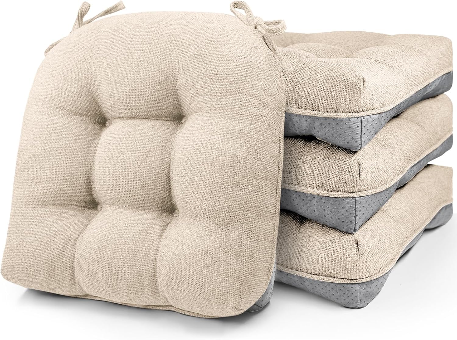 Set di 4 cuscini per sedie da pranzo, in memory foam, con laccetti e retro antiscivolo, cuscini trapuntati per sedie da pranzo, 40 x 40 x 10 cm, colore: beige