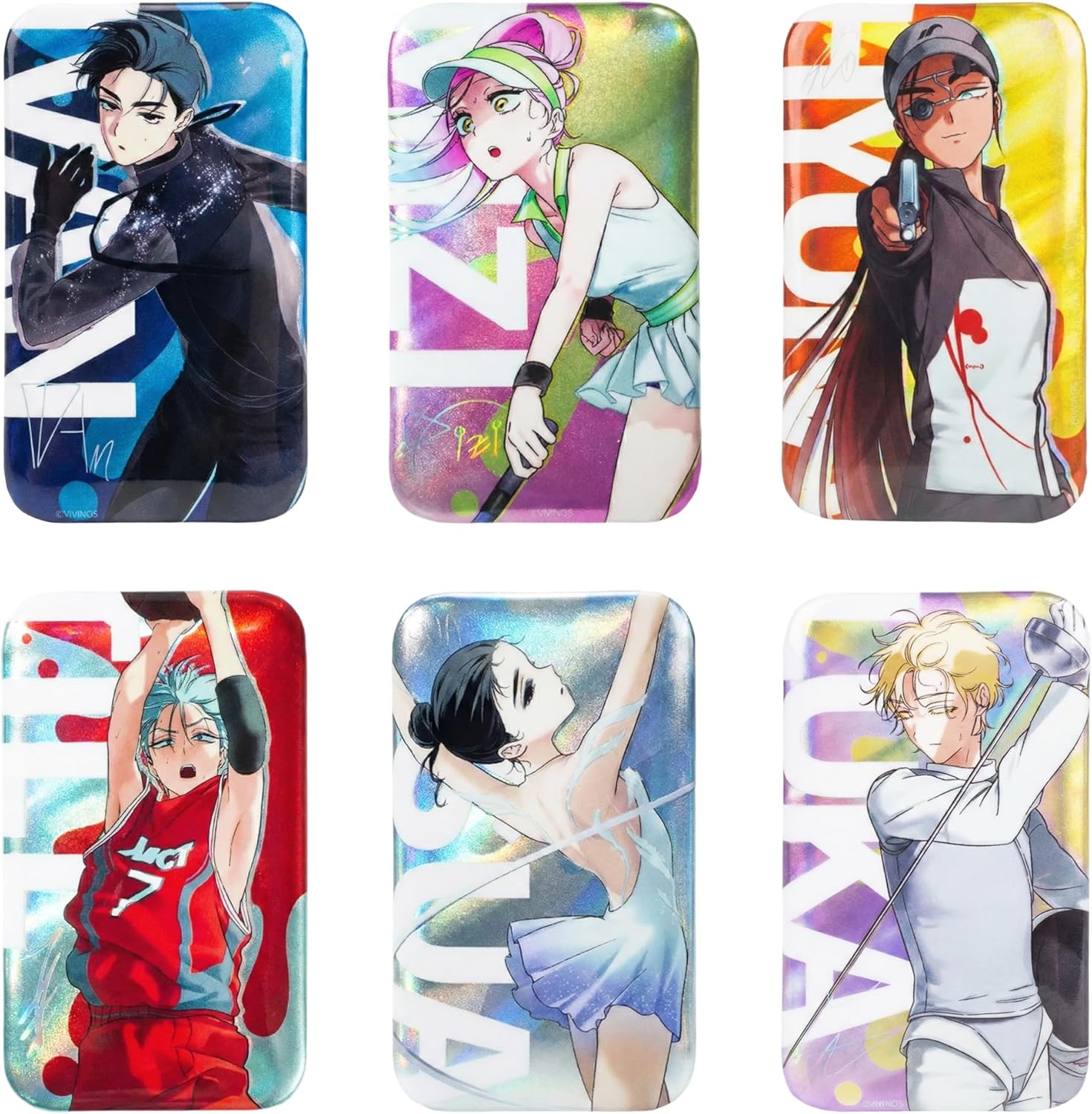 Alien Stage Passion Love Series Blind Box Holographic Buttons, Official Anime ALNST Merch Rectangular Pins for Ita Bags (Whole Set, Contains 6 Packs)