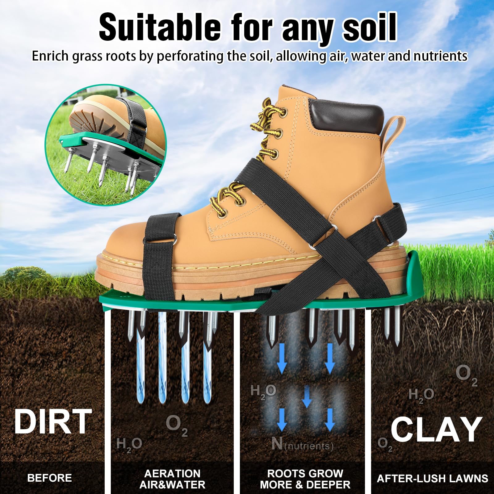 MOFEEZ Zapatos aireadores de césped para césped, zapatos aireadores de césped premontados para césped, herramienta aireadora de suelo para airear patio, jardín, verde y negro