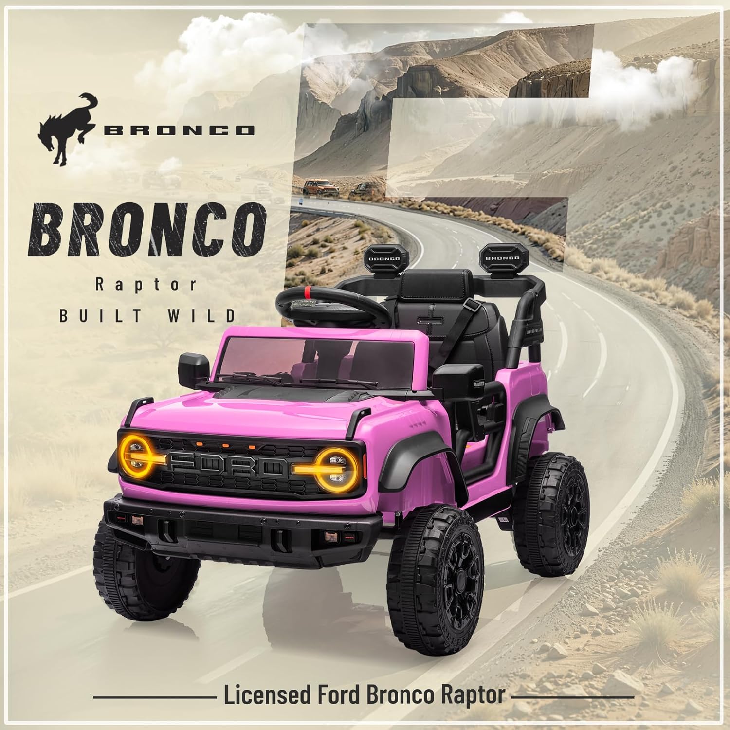 YOFE Ford Bronco Raptor 12V Kids Electric Car with 'BRONCO Raptor BUILT WILD' branding