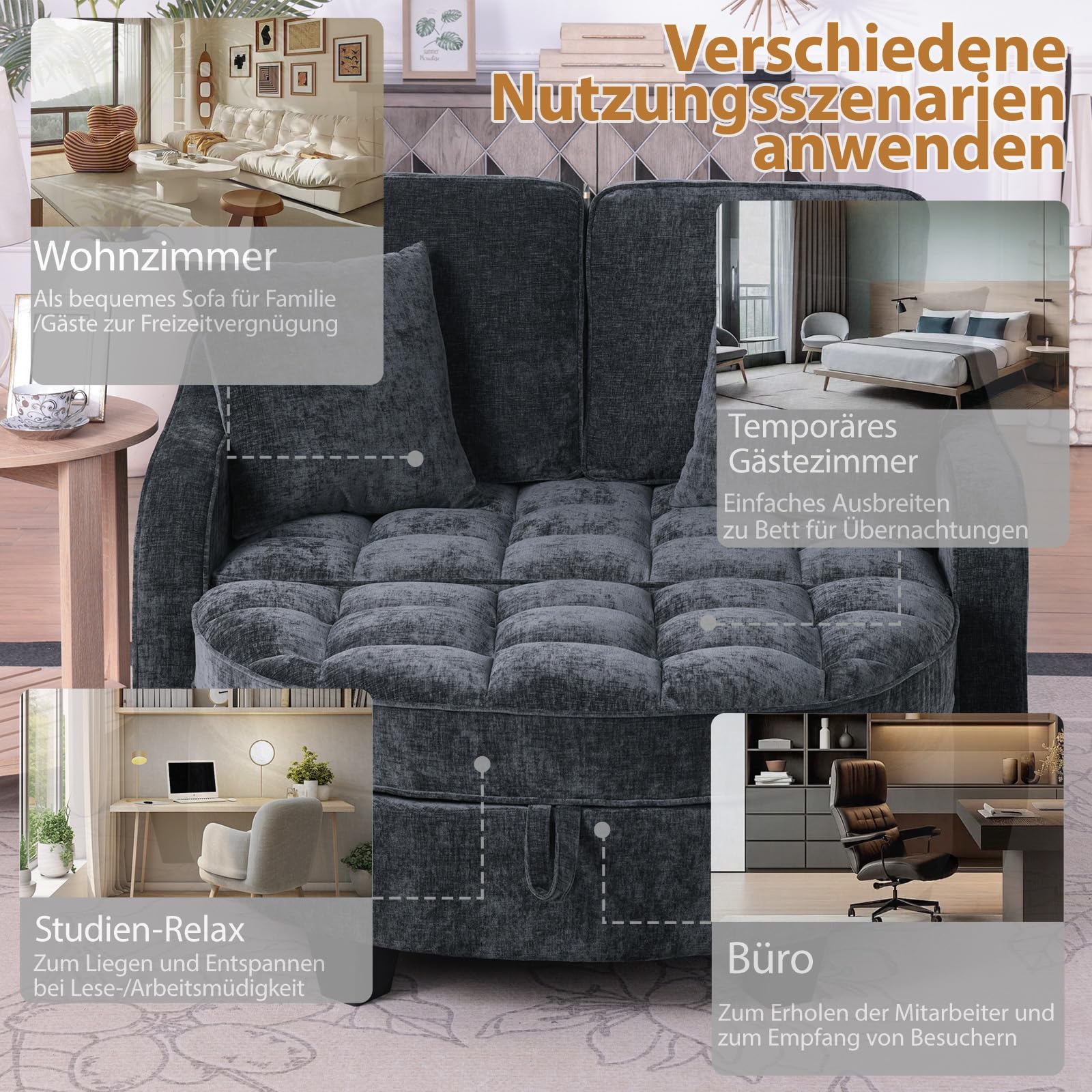Modulares Schlafsofa aus weichem Chenillestoff, Sofa mit Schlaffunktion, Aufbewahrungs-Hocker, Schlafsofa mit Verstellbarer Rückenlehne und Kissen, für kleine Wohnzimmer, Studienzimmer, Schlafzimmer