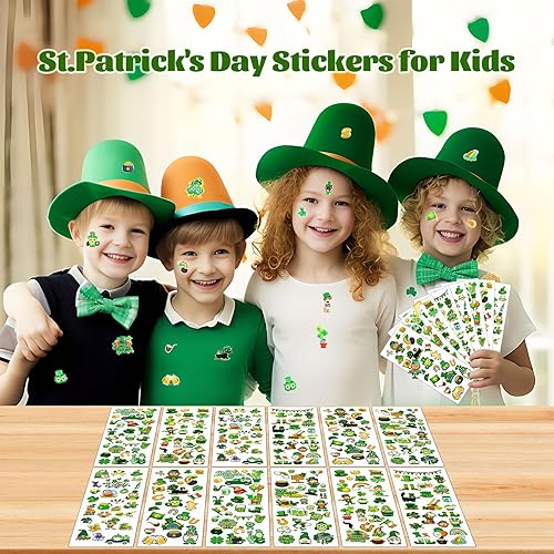 Miniatura 5 de UPINS Calcomanías hinchadas del día de San Patricio para niños, 12 hojas de calcomanías 3D de trébol de la suerte, sombrero de trébol de la suerte,