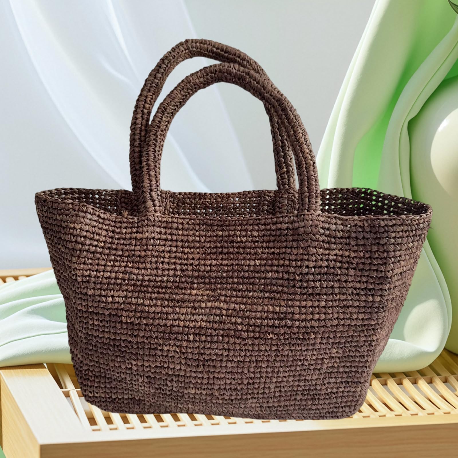 Borsa da spiaggia intrecciata da donna in rafia fatta a mano | Borsa tote in rafia all'uncinetto, versatile per lavoro, viaggi e market, con comoda presa e tatto artigianale