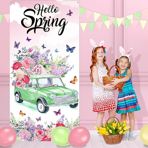 Miniatura 2 de Cartel de bienvenida para puerta con texto en inglés Hello Spring para puerta de primavera con flores coloridas para puerta de primavera, diseño de