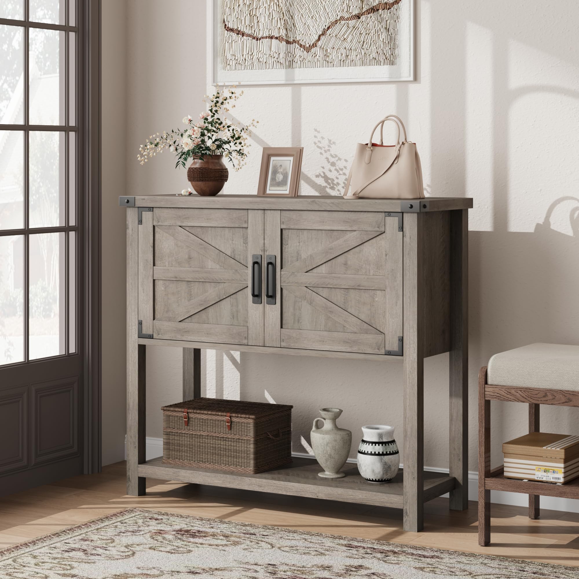 Garvee Mesita de Noche, Mesa Consola Estilo, Mueble Recibidor de Madera con Almacenaje, para Dormitorio y Salón, 77×34×86 cm (Gris)