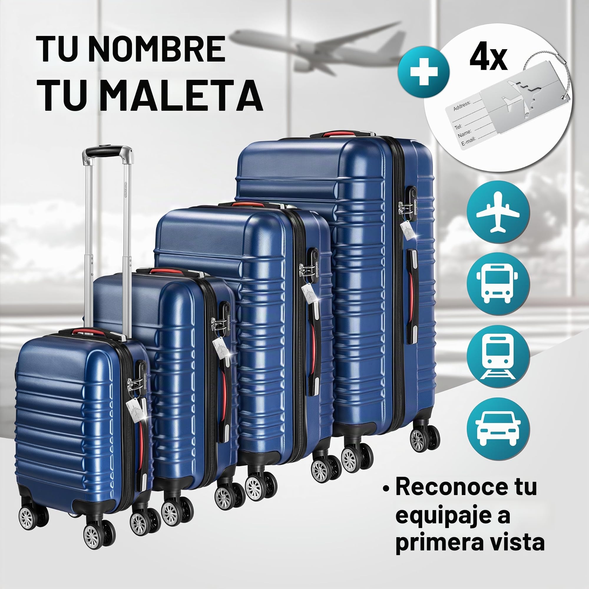MONZANA® Juego de 4 Maletas Rígidas Equipaje Set Trolley Viaje Incl. Accesorios Maleta S-M-L-XL Azul