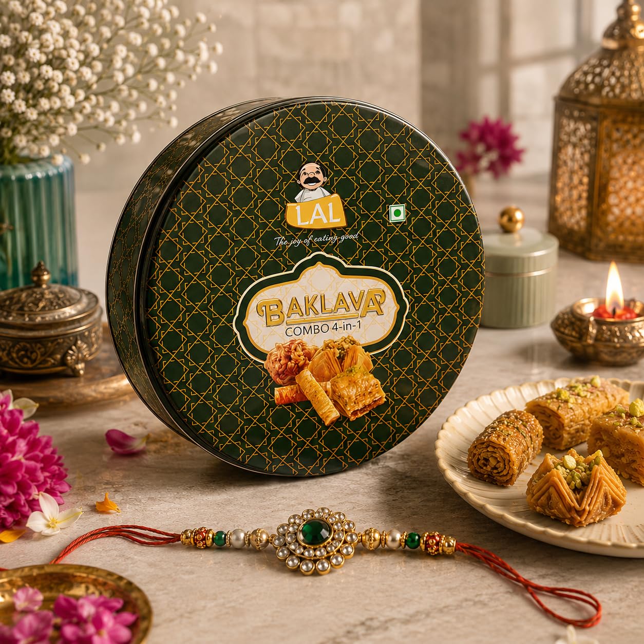 Lal Sweets Baklava Tin 4-In-1 || Assorted Tarts with Imported Nuts || Pure Ghee Dipped in Honey Syrup - 400 gm with Free Diya-image-11