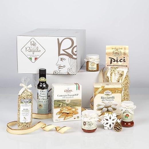 RE REGALO CESTO 'TOSCANA' Olio Extra Vergine del Chianti, Pici Toscani,Sugo Pomodori e Porcini,Cantucci Cioccolato e Ricciarelli Classici, Idea per Natale,compleanni e per le ricette della tua cucina
