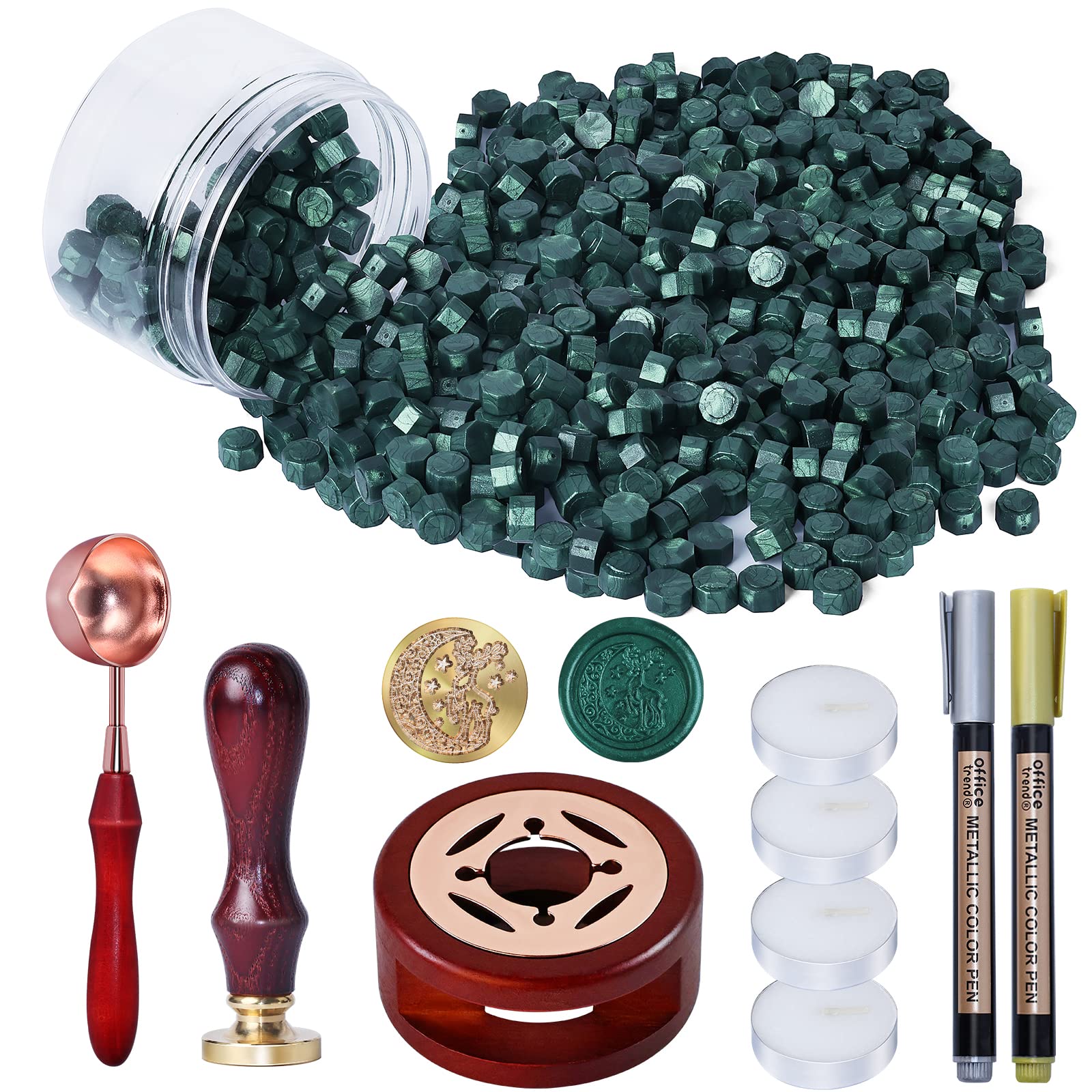 WEWINK PLUS250 PCS Seal Stamp Kit, Green Wax Beads With Deer Stamp, Warmer, Spoon, Tea Candles, Metallic Pen for Seals, Gifts, Invitations, Envelopes, Crafts