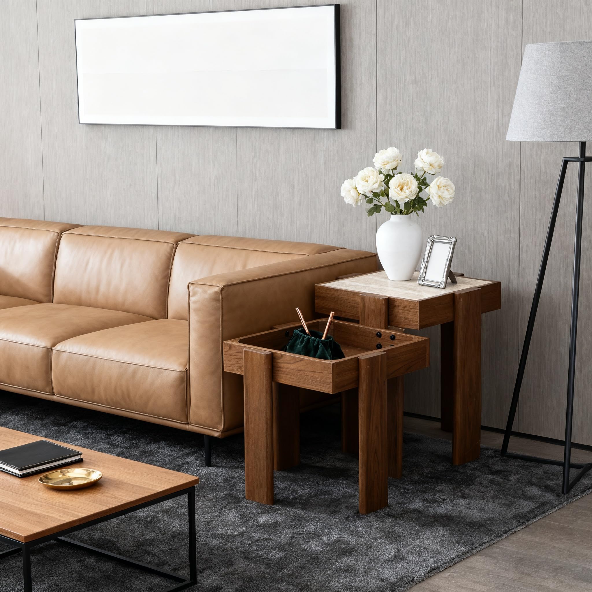 Hometopia 2er Set Beistelltische Quadratisch - Moderner Satztisch in Walnuss-Optik mit Stein-Dekor - Platzsparender Couchtisch & Nachttisch für Wohnzimmer & Schlafzimmer - Nesting Design