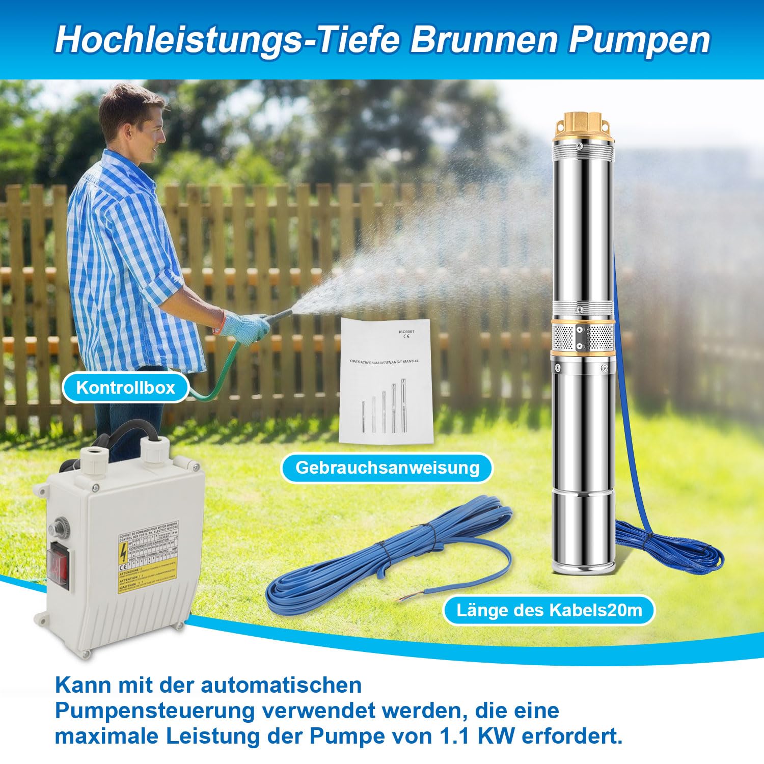 Bomba de pozo profundo 1100 W, 4000 l/h, bomba de pozo 939 mm, bomba de agua de acero inoxidable presión 8,1 bar, altura máxima de extracción 81 m, máx. 35 °C