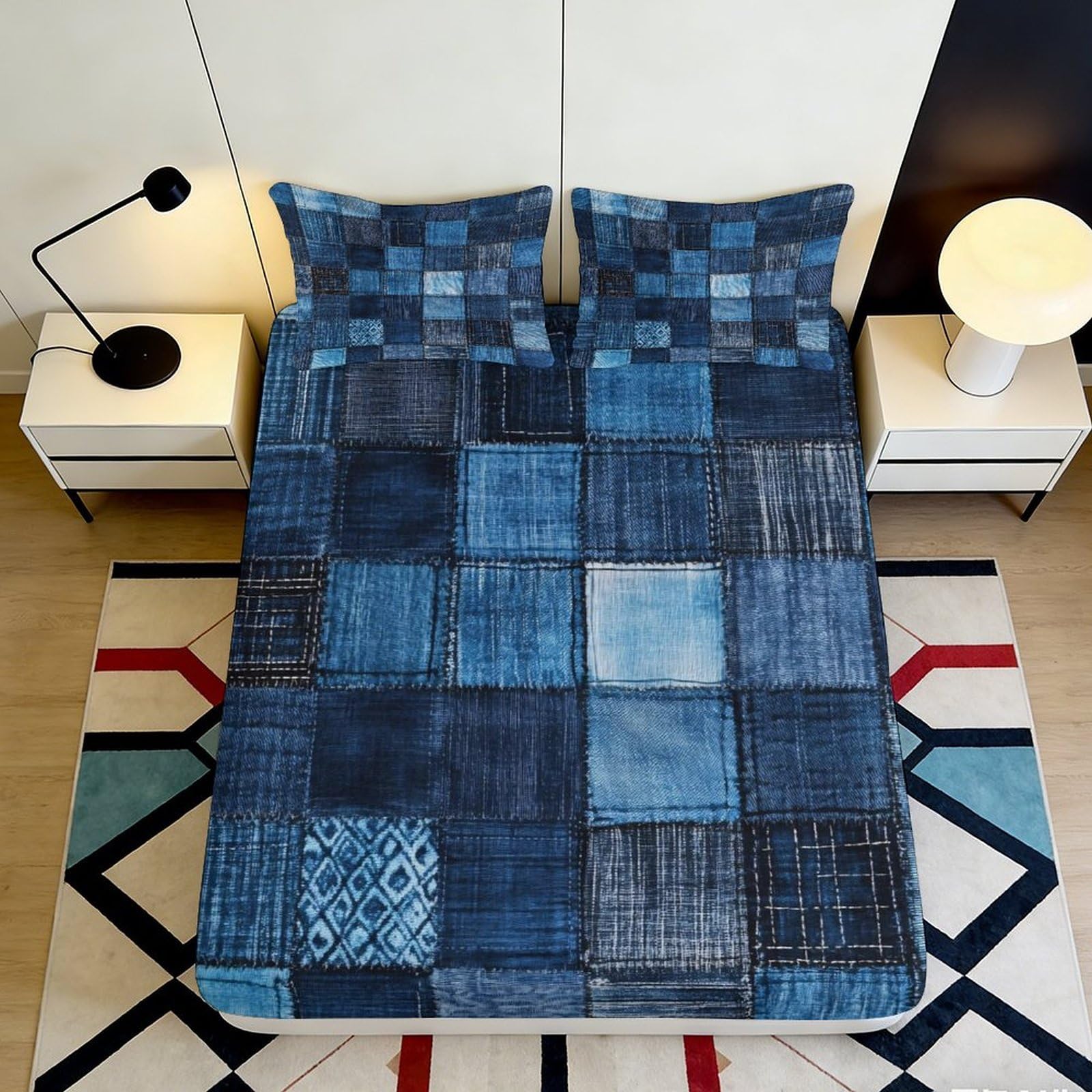 3D Printed Blue Patchwork Fitted Sheet Microfiber Soft Non-slip Mattress Cover for Bedroom Dorm Protector 160x200x25cm