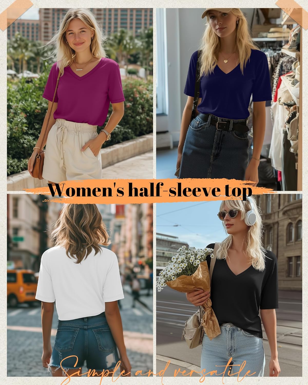 4 Pack Women's Half Sleeve Shirts V Neck Tops Elbow Length Loose Fit Straight Hem T Shirts Casual Summer Tees - Image 2