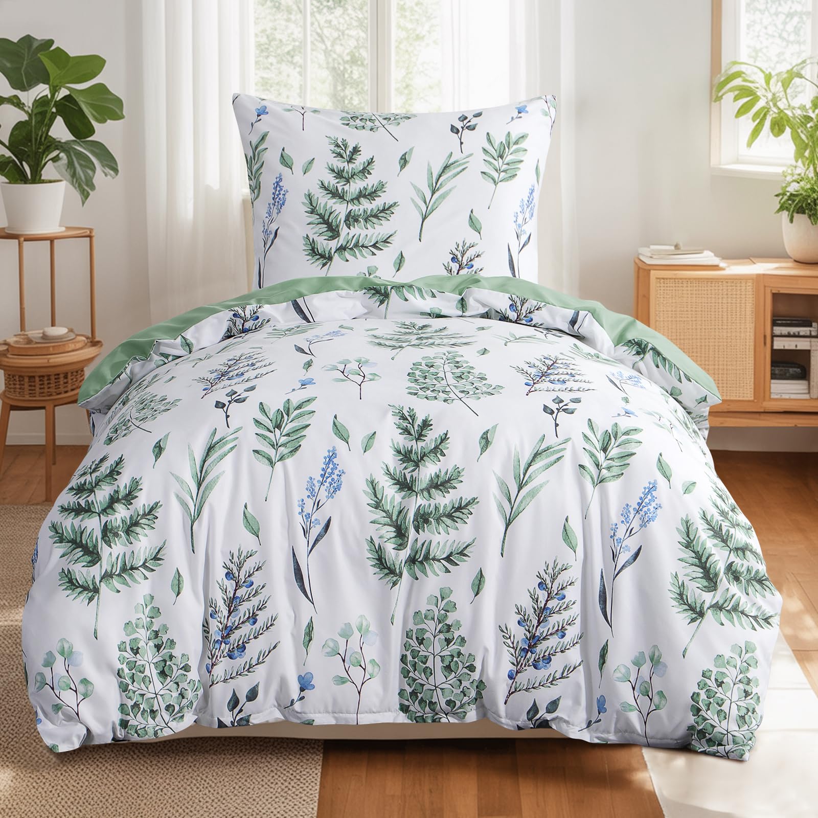 Tifschlaf Bettwäsche 140x200 2 Teilig, Bettbezug 140x200cm mit 1 Kissenbezug 80x80 cm Grün, ÖKO-TEX Mikrofaser Bettwäsche-Sets Blumen Salbeigrün Muster, Weich & Bügelfrei mit Reißverschluss