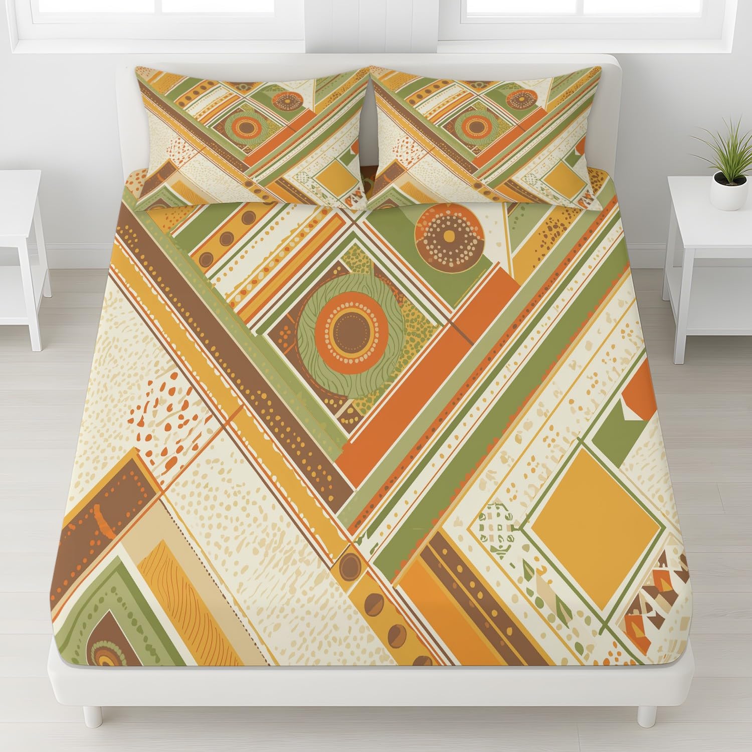 Boho Geometrisch Spannbetttuch Elegant Raute Dreieck Spannbettlaken 140 x 200 x 30 cm 3teilig Mikrofaser Bettwäsche Set mit 2 Kissenbezüge 80 x 80 cm Kein Flachbettlaken