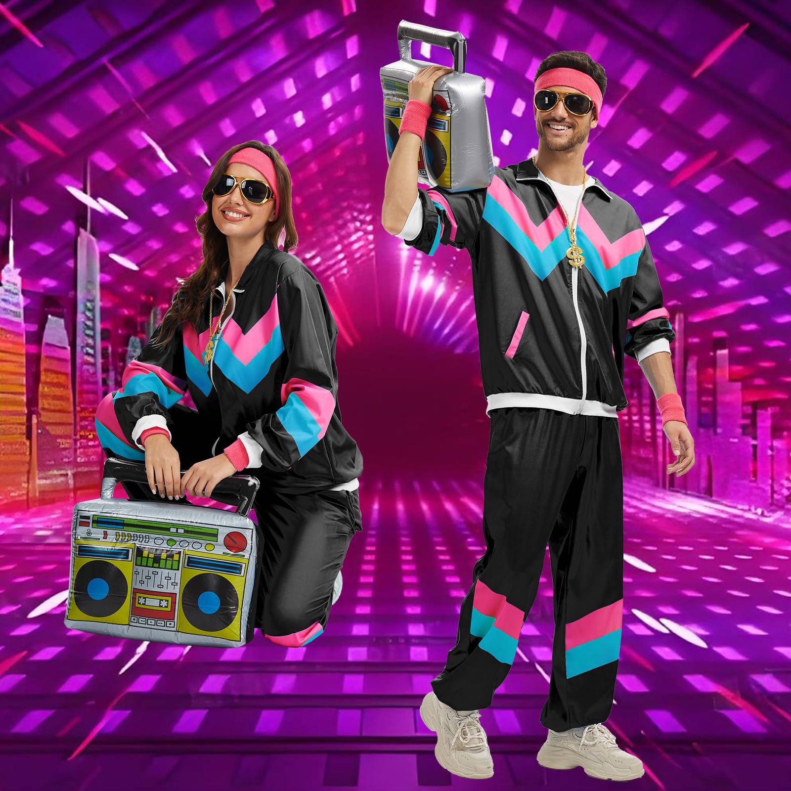 Disfraz de los años 80 y 90 para mujer, estilo retro de los años 80, chándal, chaqueta, pantalones, traje con cadena dorada, radio inflable, Halloween, carnaval para mujer