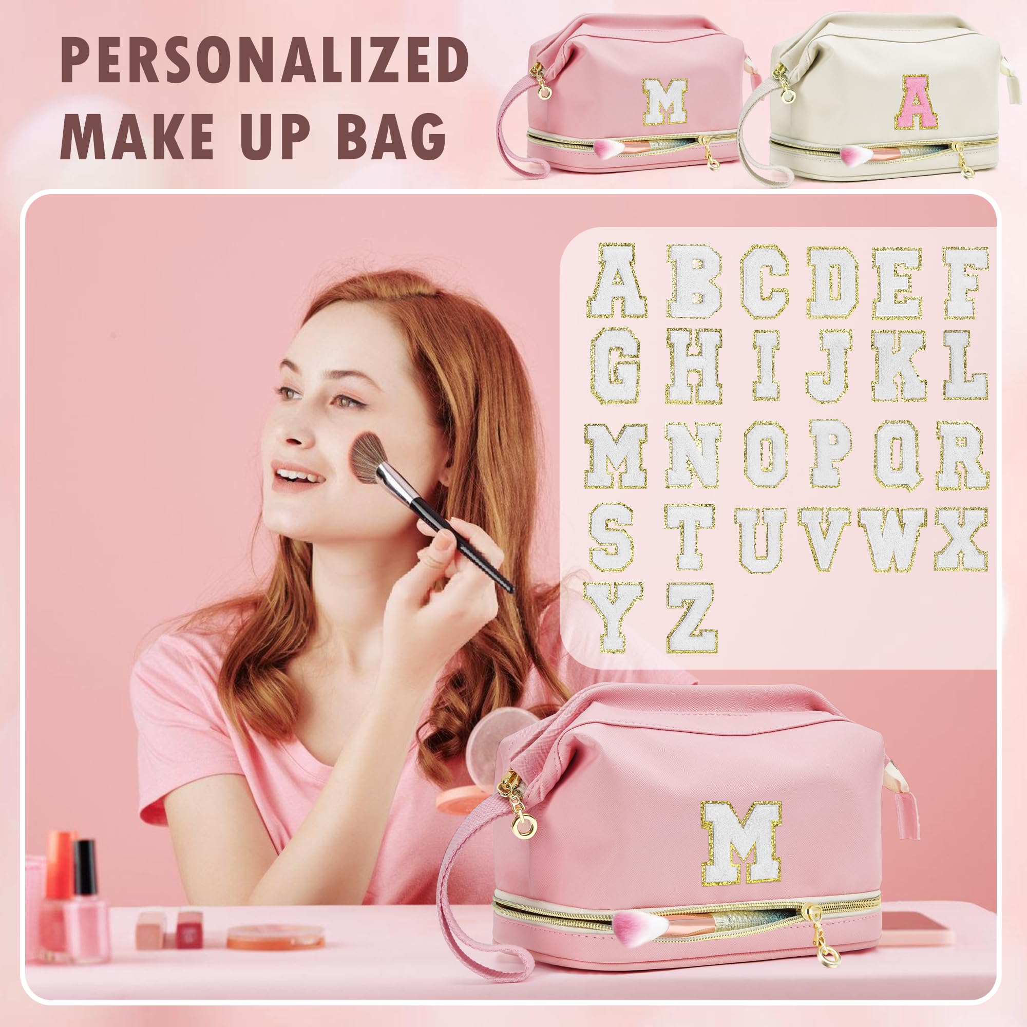 BAGNN Graduation Gifts, Initial Makeup Bag, Double Layer Cosmetic Bag, Large Capacity Portable Travel Toiletry Bag, Waterproof Make Up Bag, Personalized Gifts for Teen Girls Bridesmaid Friends-R