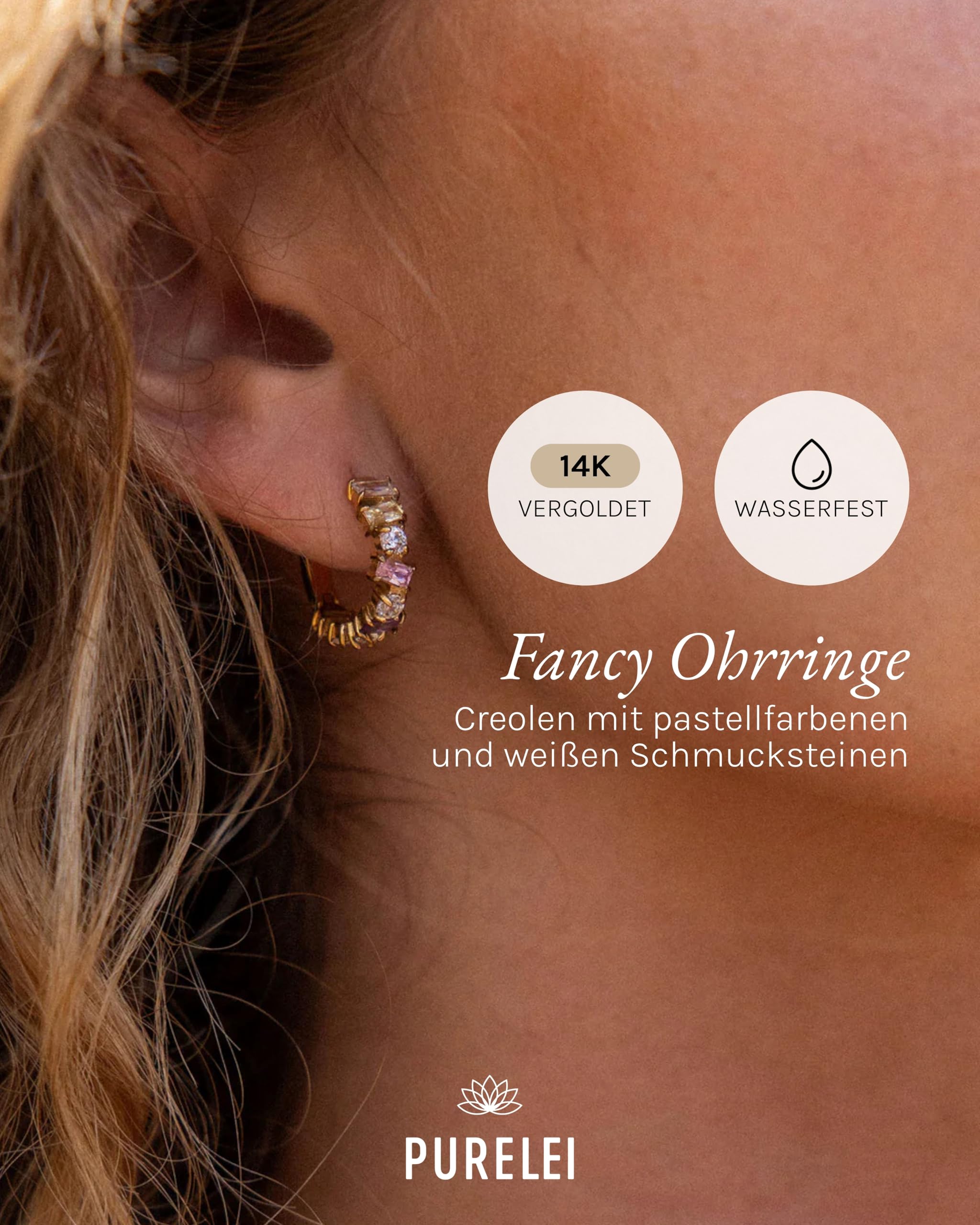 Purelei Fancy Ohrringe – Damenohrringe aus Zirkonia-Schmucksteinen und Edelstahl (14K vergoldet) – Wasserfeste Creolen – 17 mm Durchmesser – Modeschmuck für deinen individuellen Look