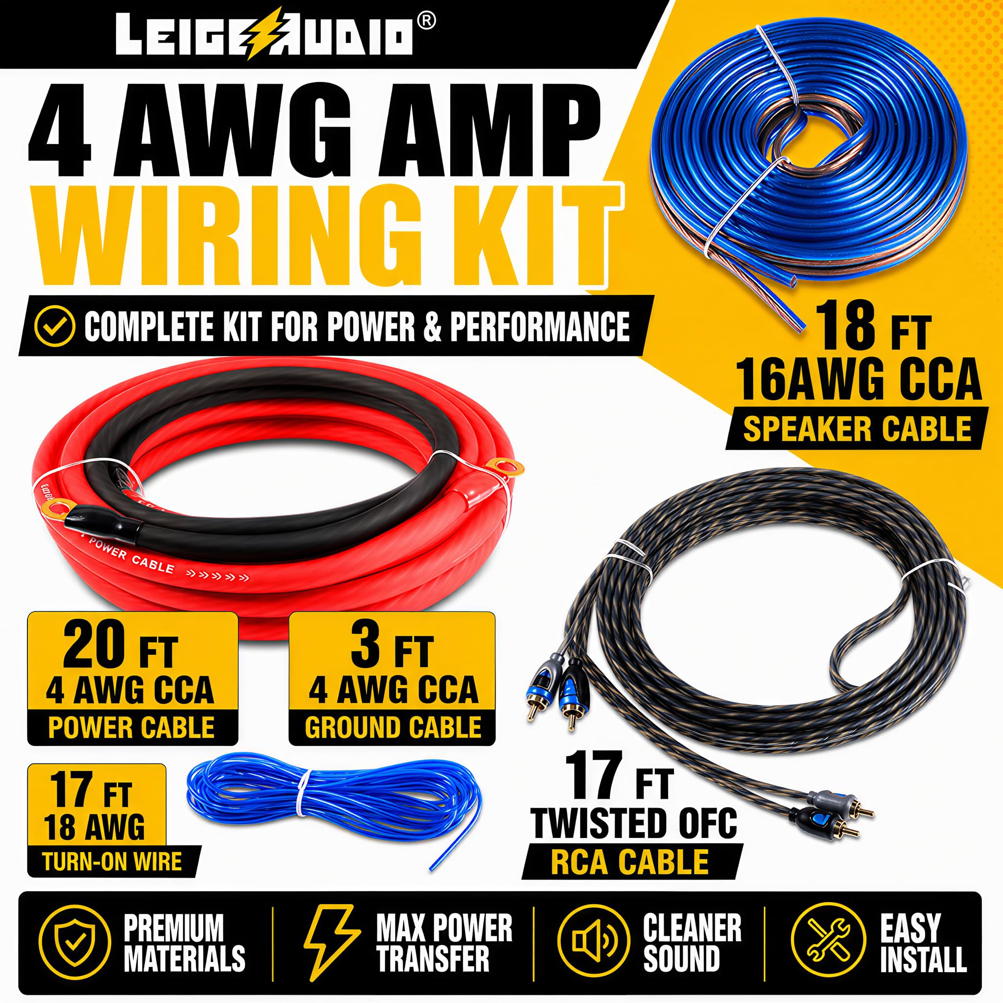 Kit di cablaggio per amplificatore da 4 gauge Ture 4 AWG, kit di cablaggio per subwoofer per auto che ti aiuta a creare collegamenti e porta energia alla tua radio, subwoofer e
