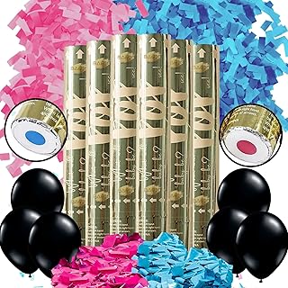 Premium Gender Reveal Confetti Cannon, (6 Pack) - 3 Pink 3 Blue Confetti Shooters, Biodegradable Confetti Gender Reveal Poppers, Cannon with 6 Free Confetti Balloons