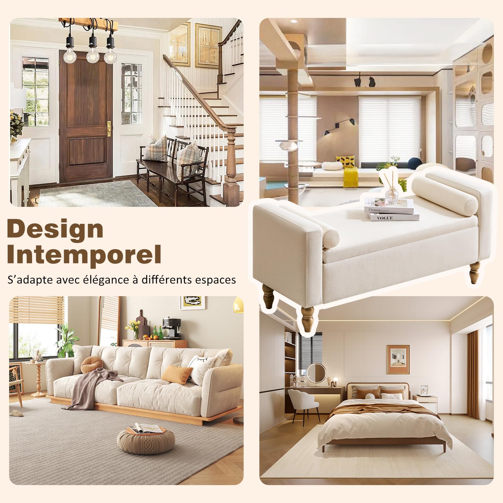 Hellove Panca Contenitore con Cuscini Rimovibili, 116 cm Panca da Ingresso in Lino con Gambe in Legno Massello, Cassapanca Fondo Letto per Camera da Letto, Soggiorno e Ingresso, Beige