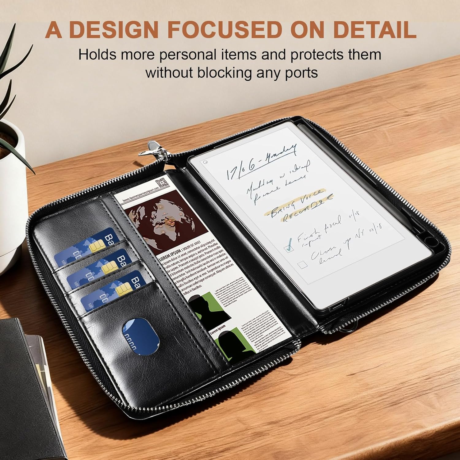 E NET-CASE Case for Remarkable Paper Pro Move 7.3" 2025, Premium Leather Folio with Handheld Design | Zipper & Pen Holder | Microfiber Lining (Black) - Image 3
