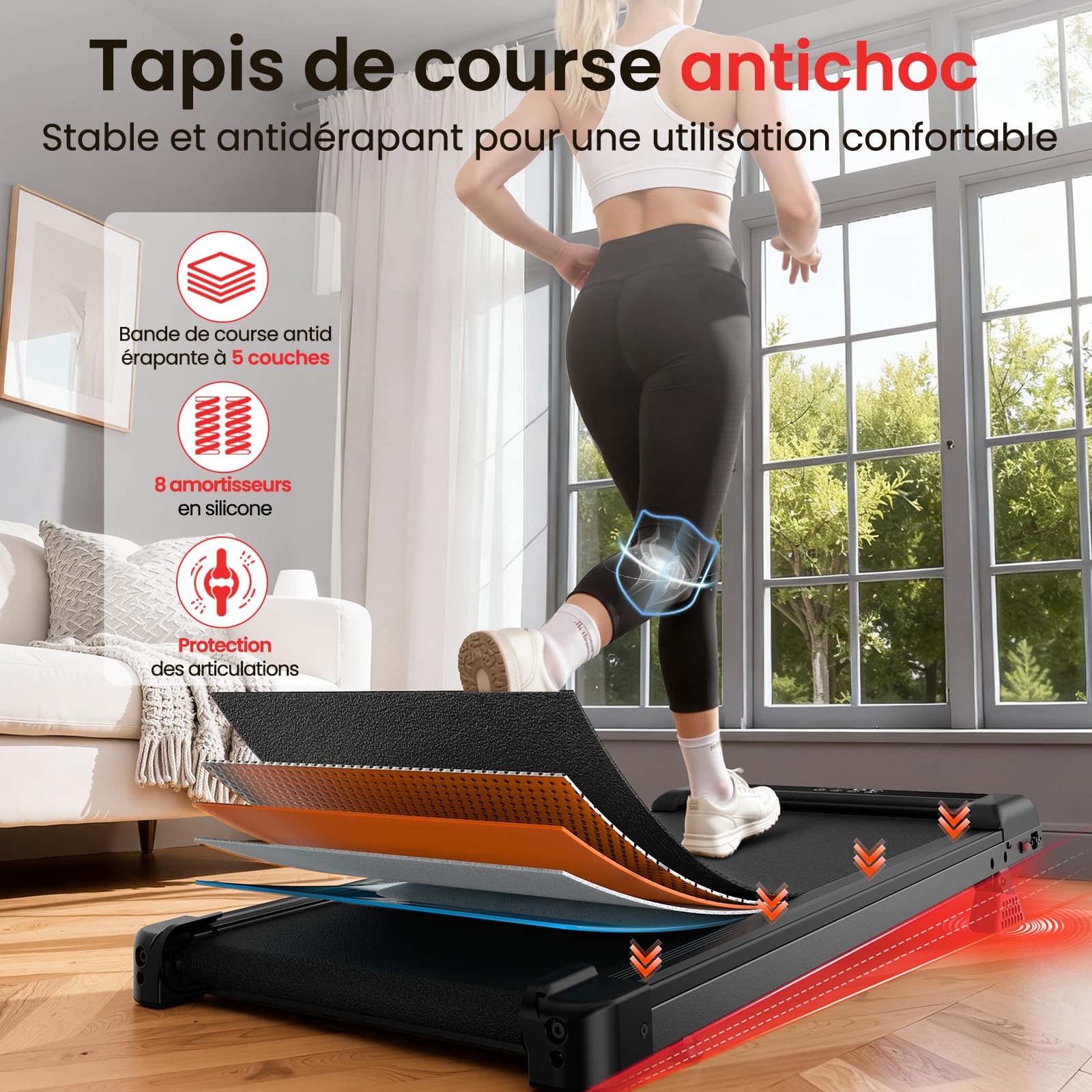 Tapis de Course et Marche 3 en 1 avec Pente 7% – Tapis Roulant Silencieux, 8 km/h, 2,5 CV, Amorti Confortable, Charge 130 kg, Écran LCD – Maison & Bureau