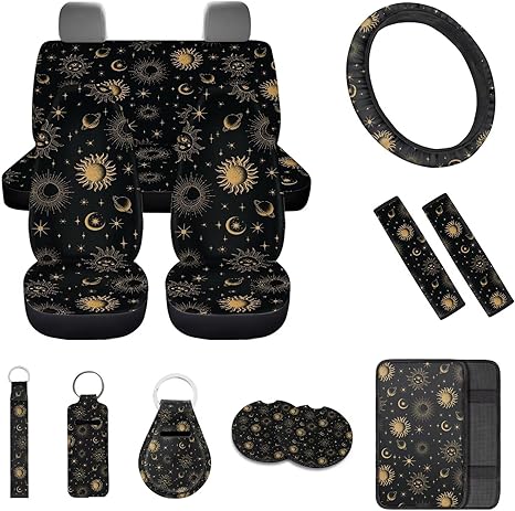 Gold Moon Starry Print Car Seat Cover Full Set,Steering Wheel Cover Armrest Cover Seatbelt Car Coasters Lip Holder with Keychains,Universal Auto Interior Accessories