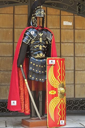NauticalMart Roman Black Muscle Armor - Juego de Corazas con hombros, protector de piernas, casco romano, cadena de correo, escudo romano