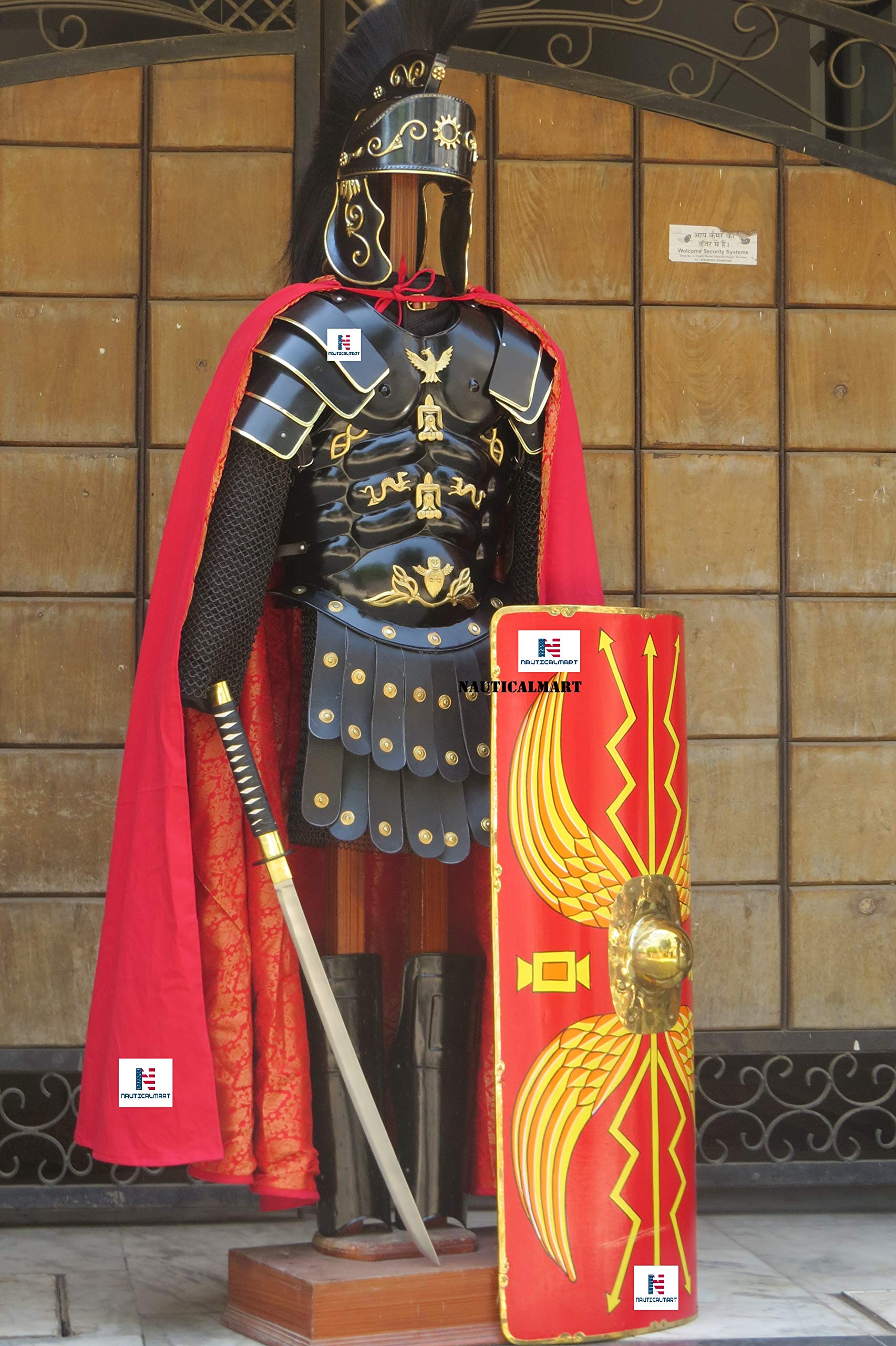 NauticalMart Roman Black Muscle Armor Cuirass Set W/Shoulders, Leg Guard, Roman Helmet, Chainmail, Roman Shield