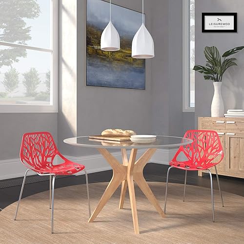 Miniatura 2 de LeisureMod Forest Modern Silla de comedor con patas cromadas, juego de 2 (rojo)