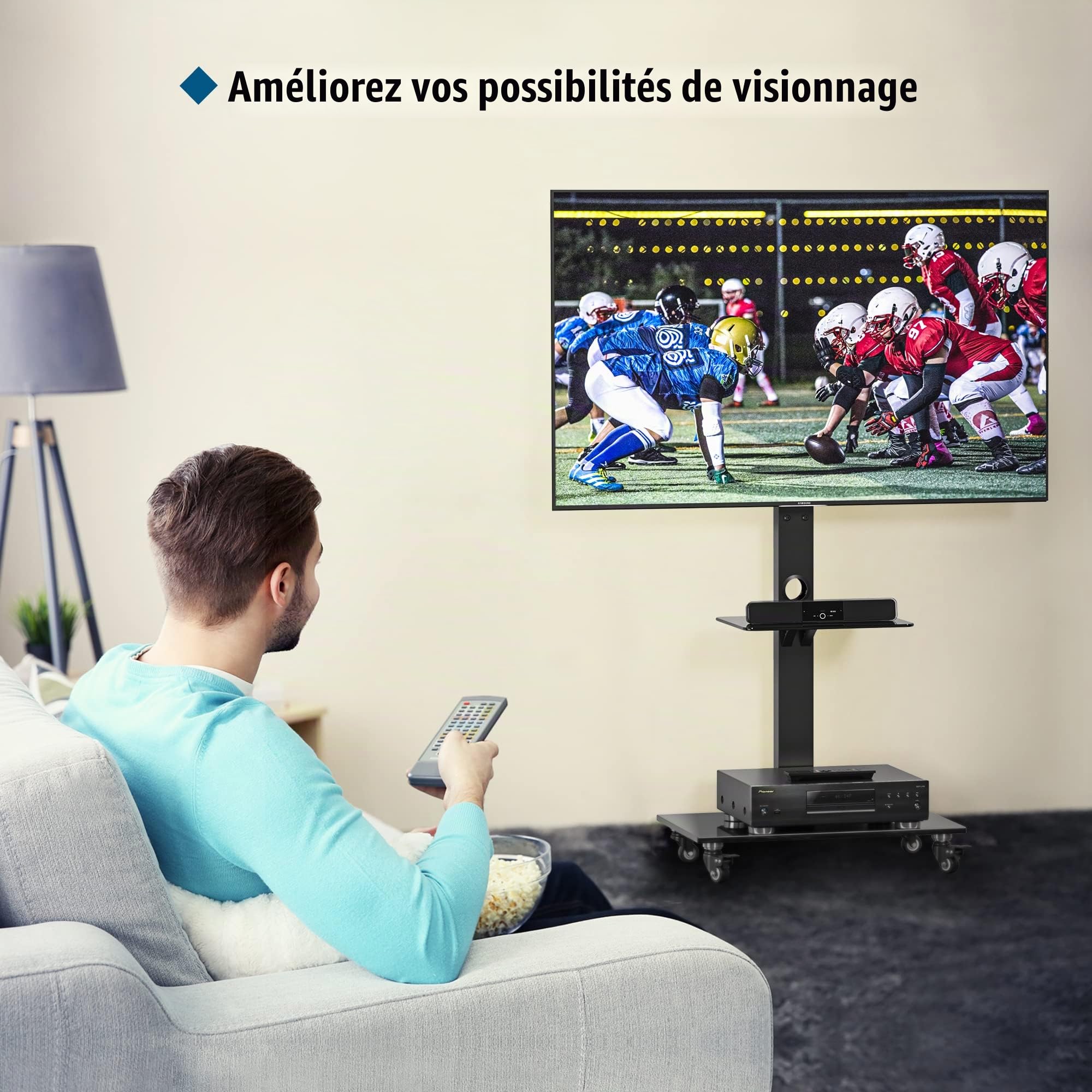 BONTEC Support TV roulettes Support Tele Mobile pour Téléviseurs Plasma/LCD/LED de 30 à 70 Pouces jusqu'à 40 kg, 6 réglages de Hauteur avec étagères en Verre trempé à 2 Niveaux, Max VESA 600x400 mm