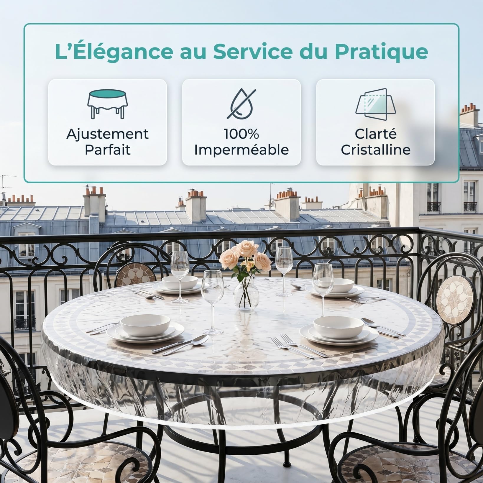 TOYANDONA Nappe Ronde Transparente en Pvc Extensible 180 Cm Diamètre, Housse de Table Extérieure Anti-huile et Anti-poussière, Protection Ajustable avec Élastique pour Jardin et Patio
