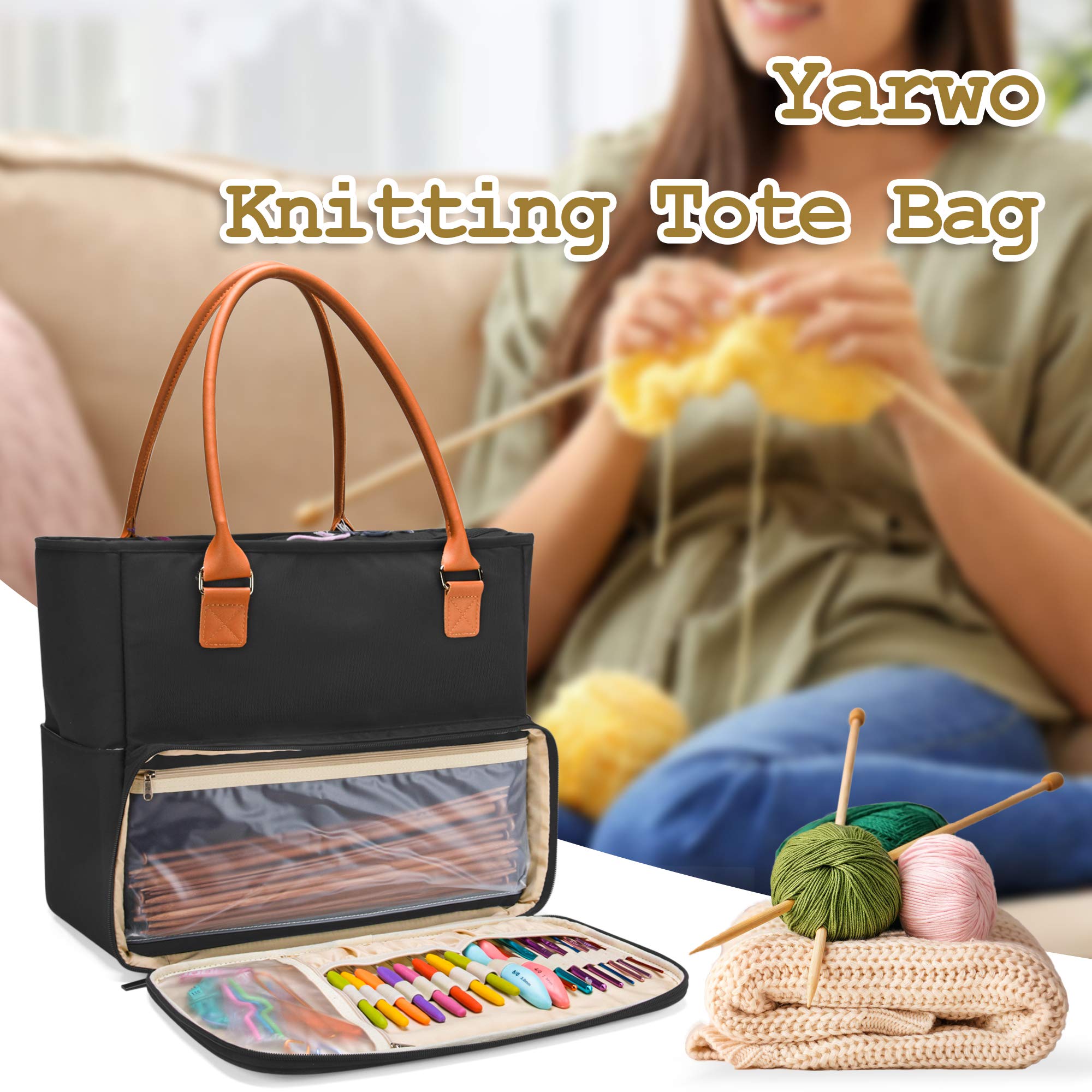 Yarwo Stricktasche mit Griff aus PU-Leder und Taschen für WIP, Stricktasche, Aufbewahrung für Wollknäuel, Stricknadeln, Häkelnadeln und anderes Zubehör für Stricken und Häkeln, Schwarz