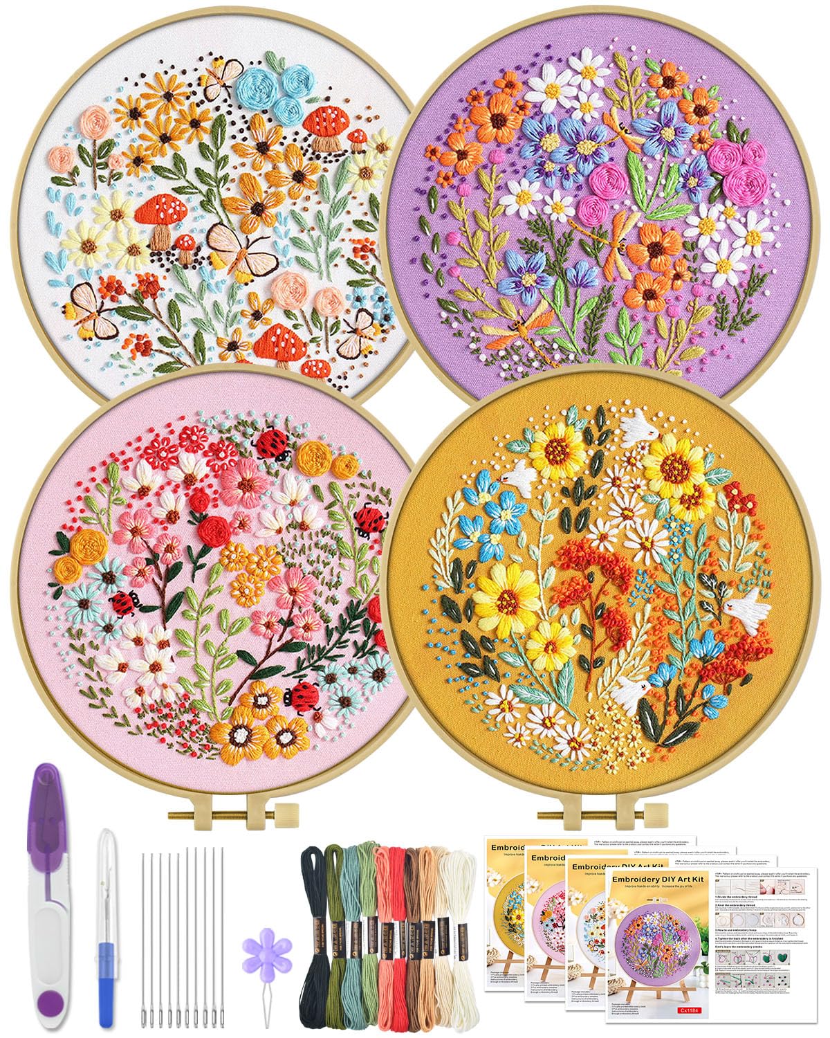 ERKOON 4 Sets Embroidery Kit with Hummingbird and Flower