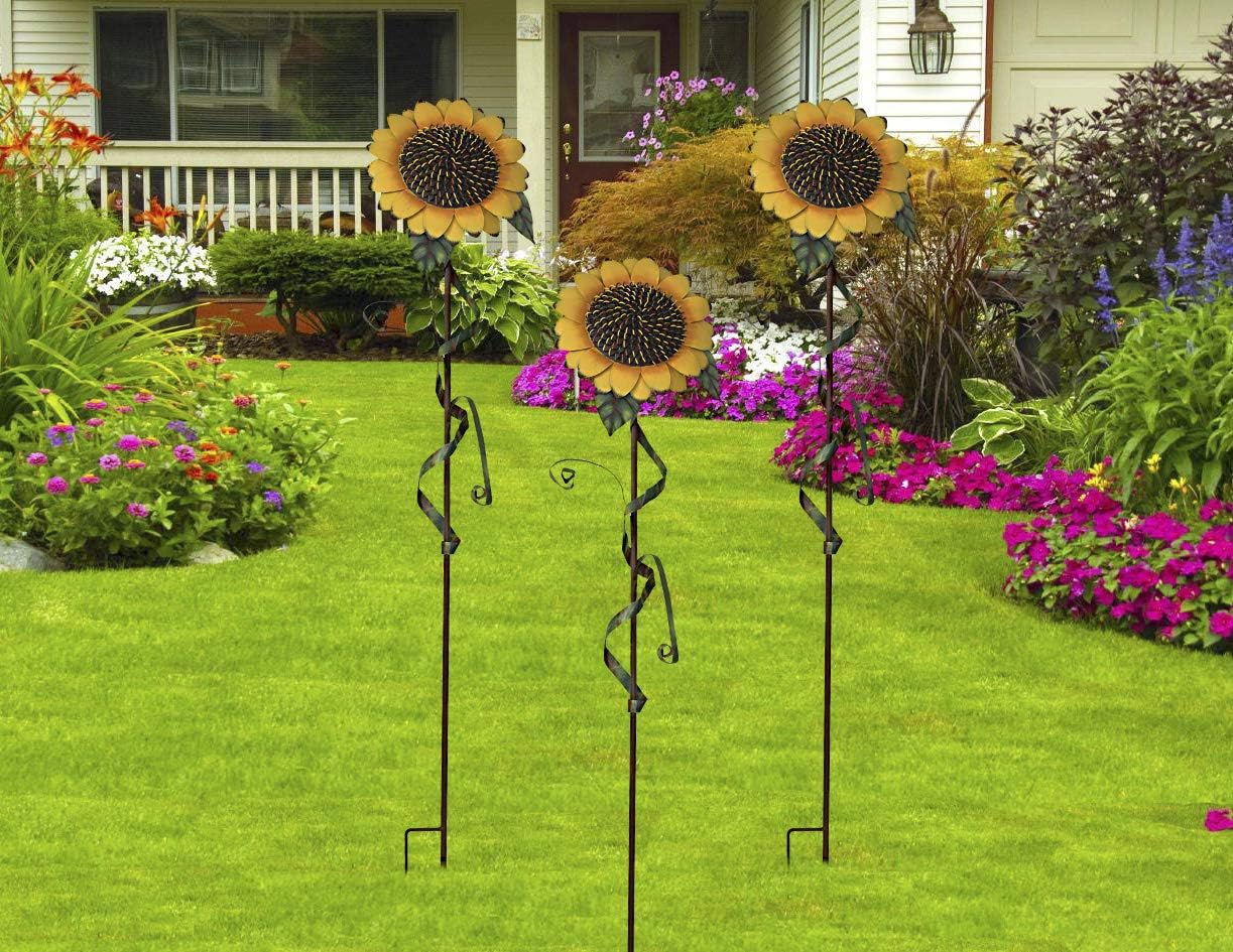 Attraction Design Flower Garden Stake Decorative Flower Yard Stake, Sunflower Decor Metal Yard Art Decor Outdoor Garden Decoration for Patio Porch Lawn Pathway Backyard, 11" W x 5.5" D x 48" H