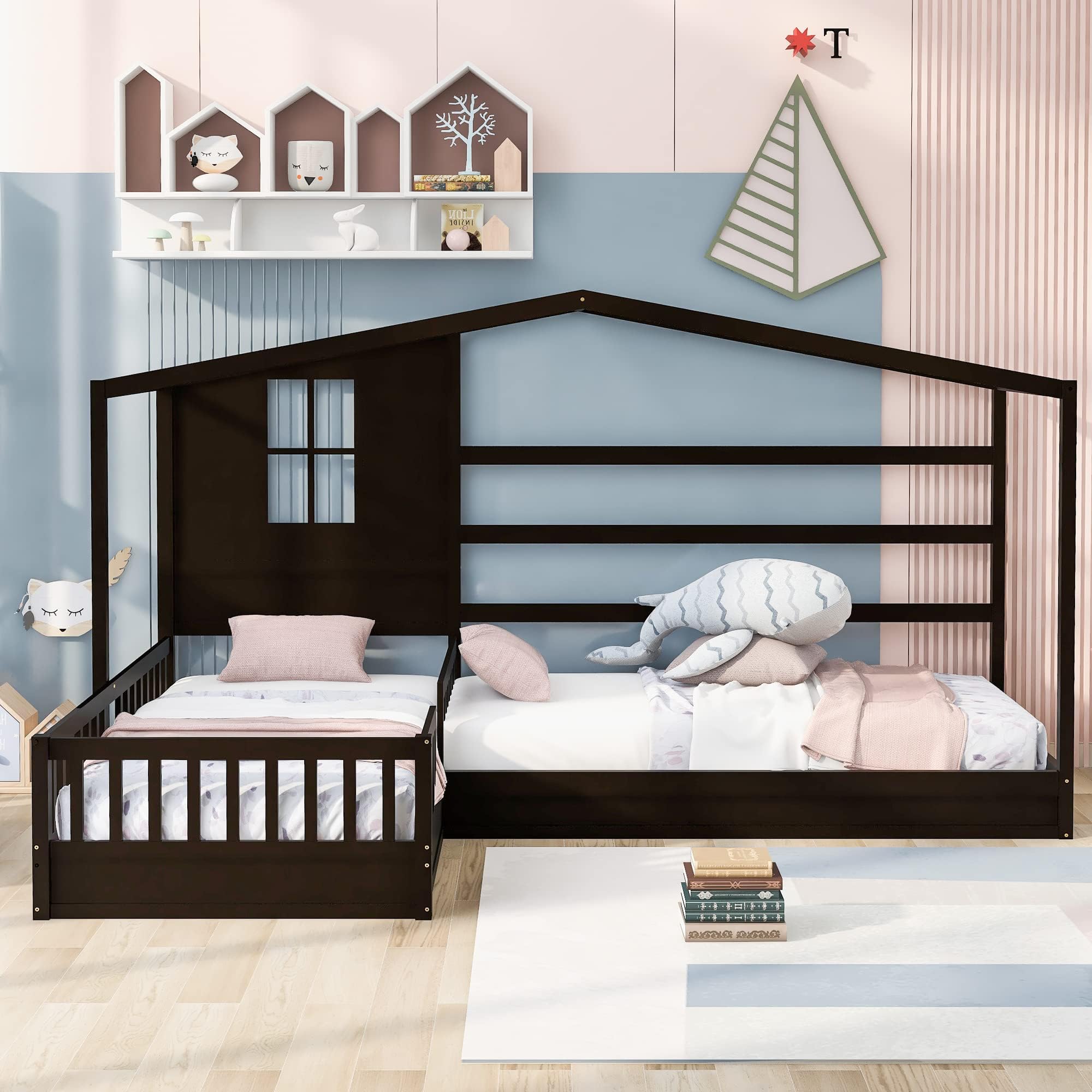 House Bed Twin Size, 2 Twin Solid Bed L Structure with Fence and slatted Frame