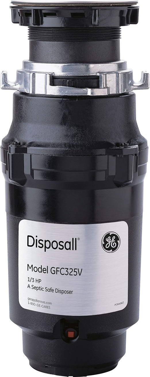 GE Disposall Continuous Feed 1/3 Horsepower Motor Garbage Disposer, Good for Grinding: Cooked Pasta & Fruit Peels, Easy Install Kit & Power Cord Included, Recommended for 1-2 Person Homes, GFC325N