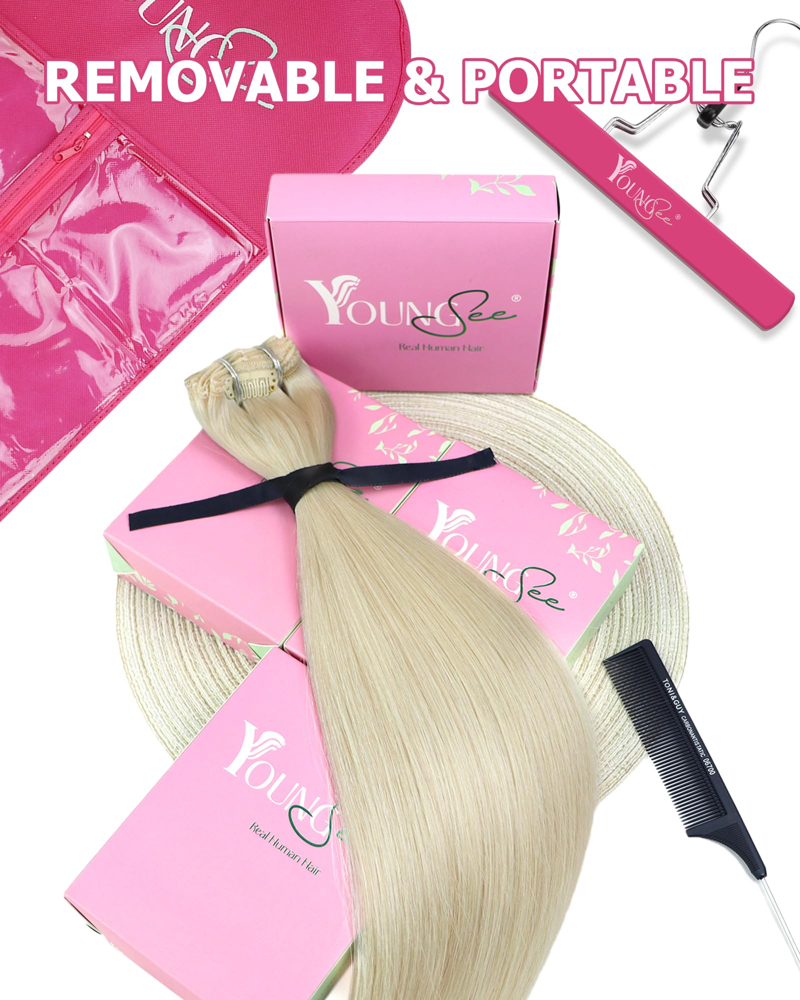 YoungSee Clip in Hair Extensions Real Human Hair Blonde 12 inch 80g Clip in Human Hair Extensions Platinum Blonde Clip in Extensions White Blonde for Women Short Straight 7Pcs — view 9