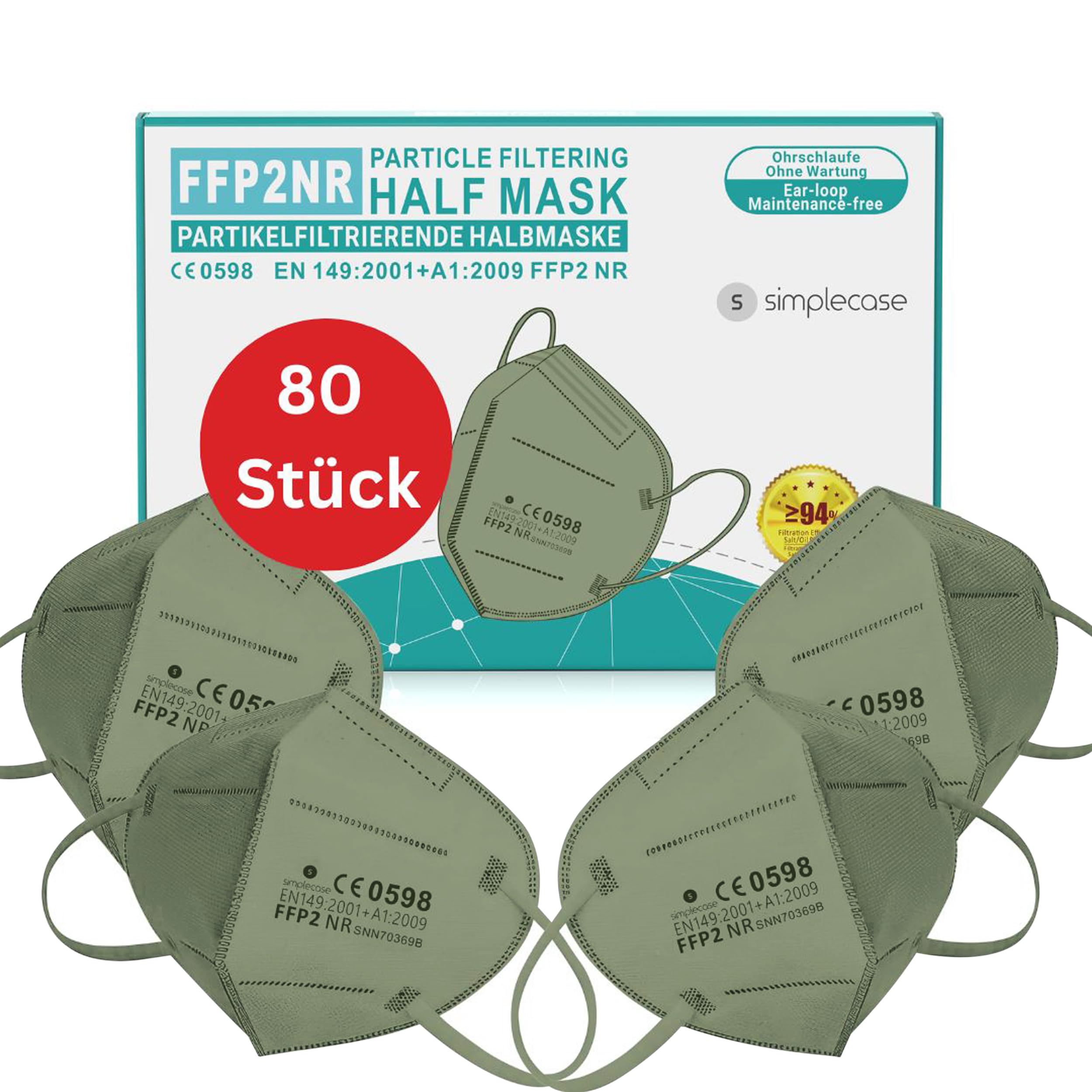 Simplecase - 80 mascherine FFP2, certificate dall'organismo designato ufficialmente 0598, respiratore, maschera per filtro antiparticolato