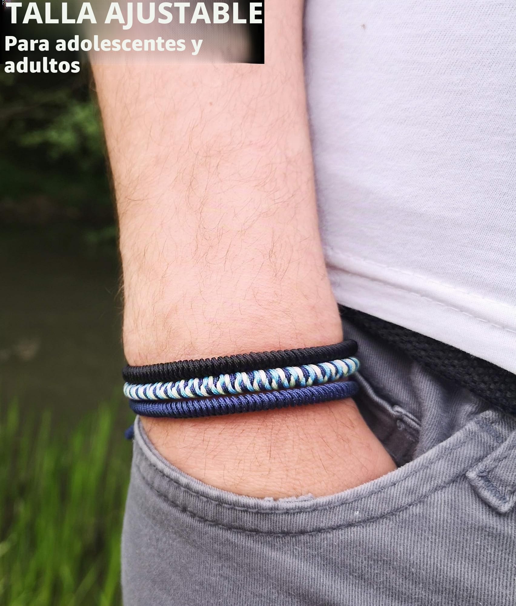 LUCKY BUDDHIST 3 Pulseras Budistas Tibetanas Ajustables – Pulseras de Cuerda Trenzada para Hombre y Mujer – Incluye Llavero Buda de Madera